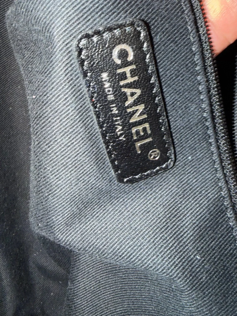 CHANEL small Beige Canvas Logo Tote with Black Trim and Chain Straps - Picture 8 of 16
